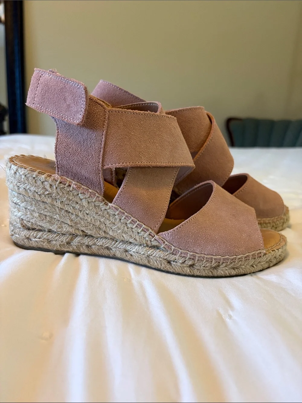 Suede Pink Espadrille Wedge Sandals with Crisscross Straps